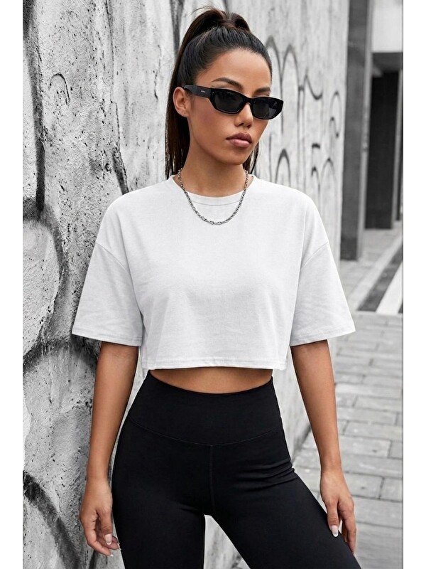 Oksit Cezyy Bisiklet Yaka Basic Oversize Crop Tişört - Pamuklu Rahat Kesim