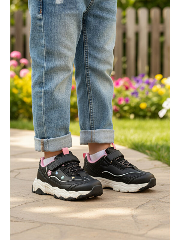 Siyah Cırtlı Hafif Fileli Esnek Kız Çocuk Spor Ayakkabı Bella Kısa F - Görsel 4