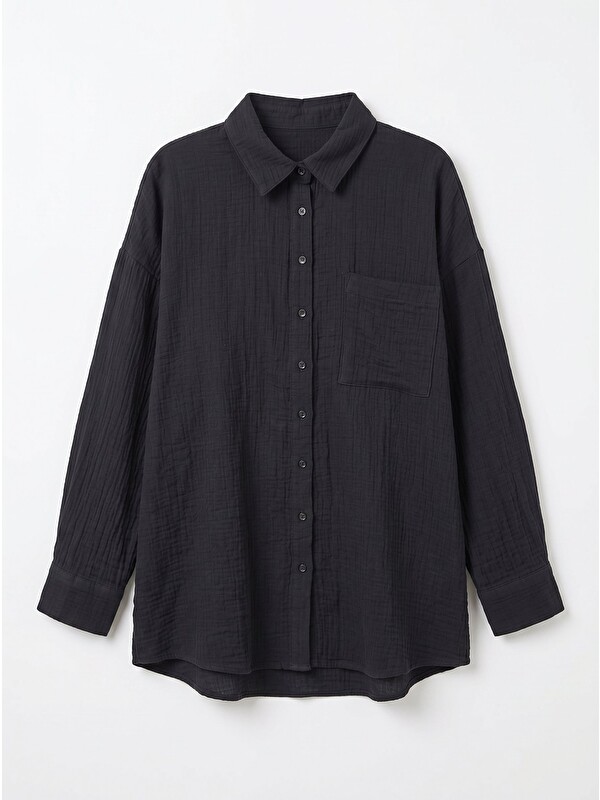 Happiness İstanbul Oversize Basic Müslin Gömlek SİYAH LMX0002