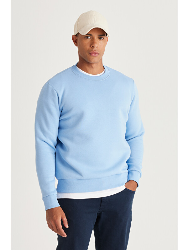 AC&Co / Altınyıldız Classics Erkek Açık Mavi Standart Fit Normal Kesim İçi Polarlı Bisiklet Yaka Sweatshirt