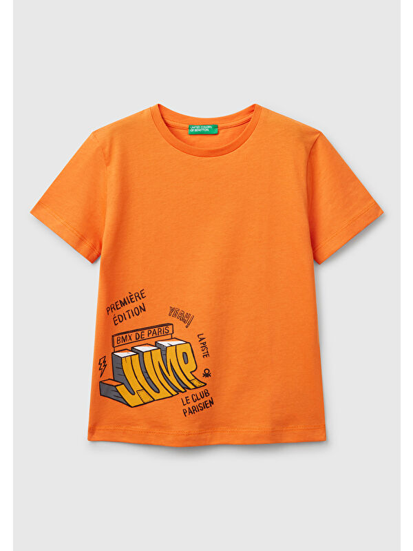 United Colors Of Benetton Erkek Çocuk Turuncu Grafik Baskılı Tişört
