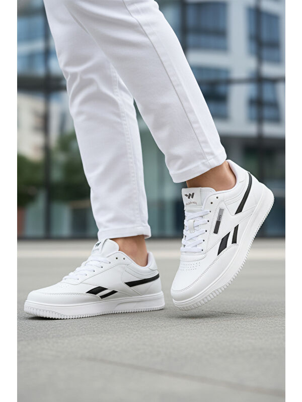 Beyaz Siyah Bağcıklı Hafif Cilt Erkek Spor Ayakkabı Marlow M - Görsel 4