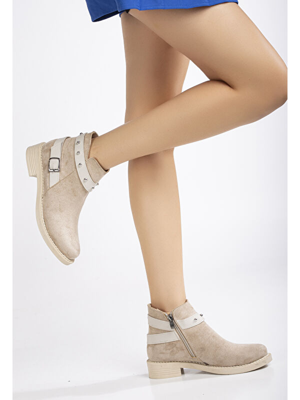 Kadın Ten Süet Termo Taban Tokalı Yanı Fermuarlı Kısa Topuklu Bot - Görsel 3