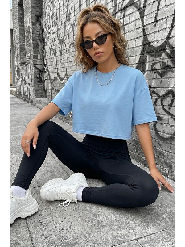 Oksit Cezyy Bisiklet Yaka Basic Oversize Crop Tişört - Pamuklu Rahat Kesim