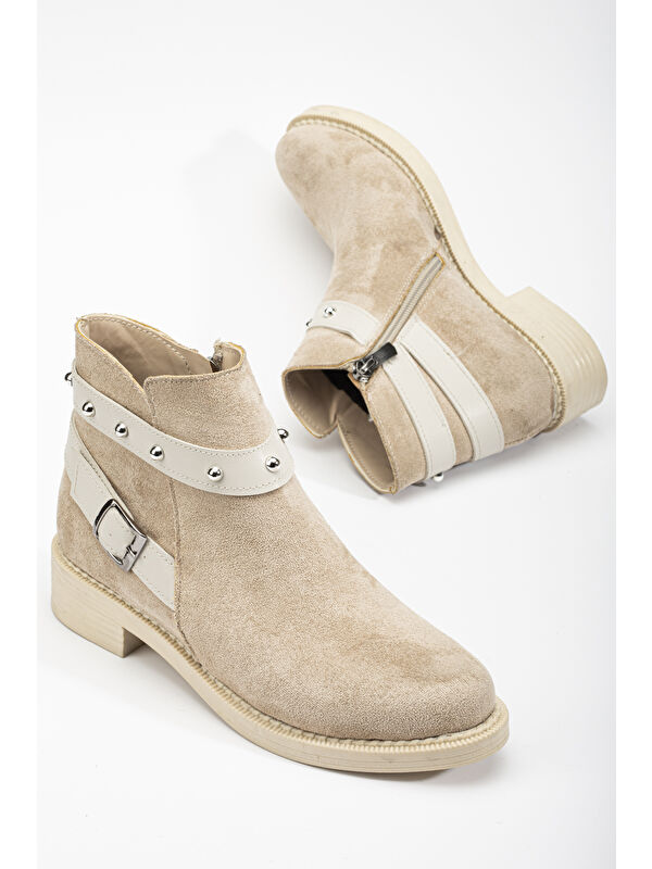 Kadın Ten Süet Termo Taban Tokalı Yanı Fermuarlı Kısa Topuklu Bot - Görsel 4