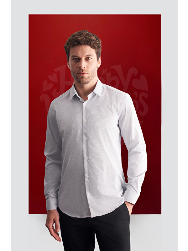 İMZA Beyaz - Lacivert Sert Yaka Uzun Kol Slim Fit Esnek Gömlek 1004255177