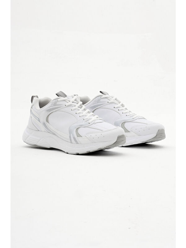 Unisex Beyaz Gümüş Cilt Rahat Kalıp Faylon Taban Bağcıklı Spor Ayakkabı - Görsel 3