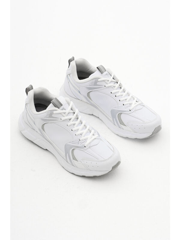 Unisex Beyaz Gümüş Cilt Rahat Kalıp Faylon Taban Bağcıklı Spor Ayakkabı - Görsel 4