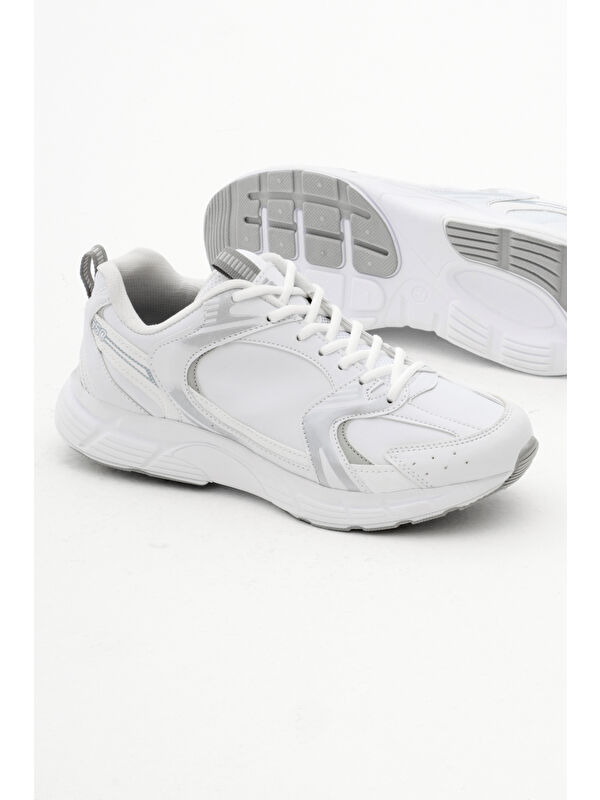 Unisex Beyaz Gümüş Cilt Rahat Kalıp Faylon Taban Bağcıklı Spor Ayakkabı - Görsel 5