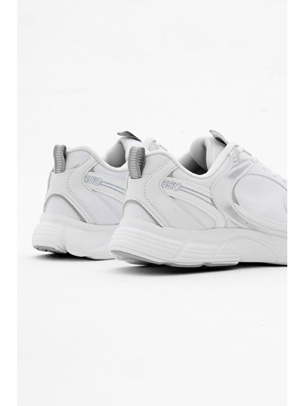 Unisex Beyaz Gümüş Cilt Rahat Kalıp Faylon Taban Bağcıklı Spor Ayakkabı - Görsel 6