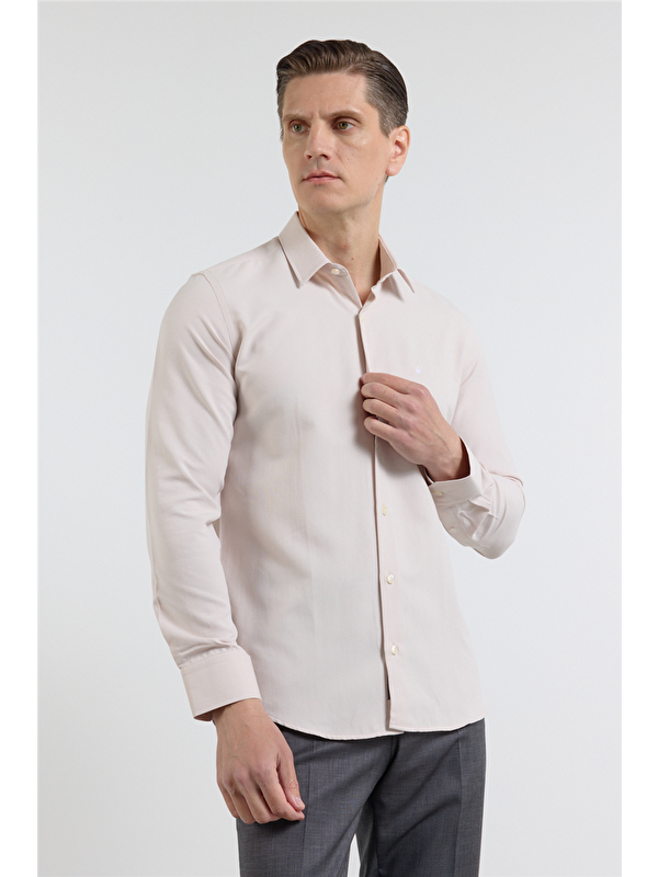 İMZA Koyu Bej Sert Yaka Uzun Kol Cepsiz Slim Fit Pamuklu Gömlek 1004255284