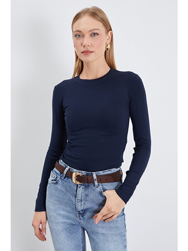 Fullamoda Basic Bisiklet Yaka Slim Fit Crop Bluz