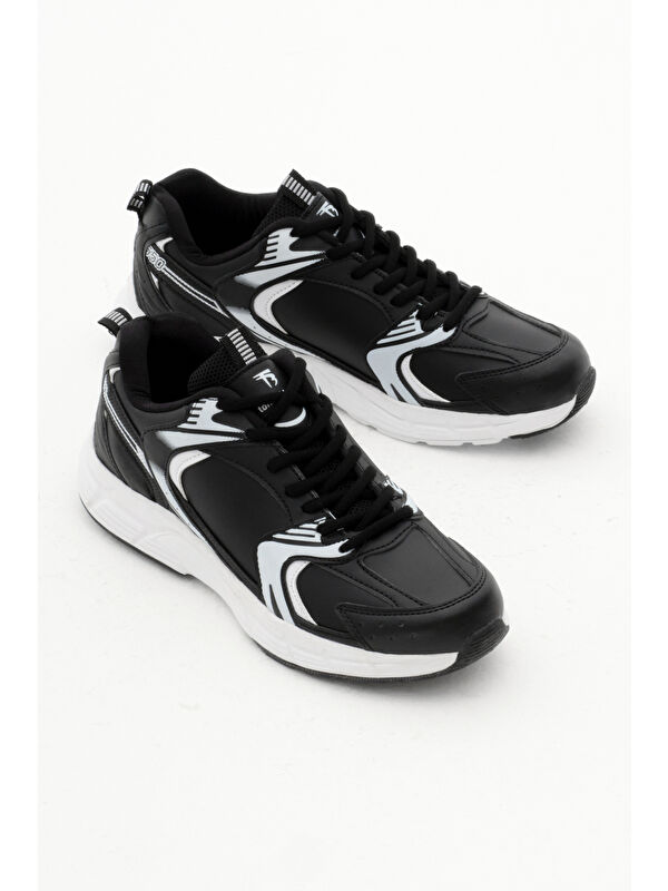 Unisex Siyah Cilt Rahat Kalıp Faylon Taban Bağcıklı Spor Ayakkabı - Görsel 4