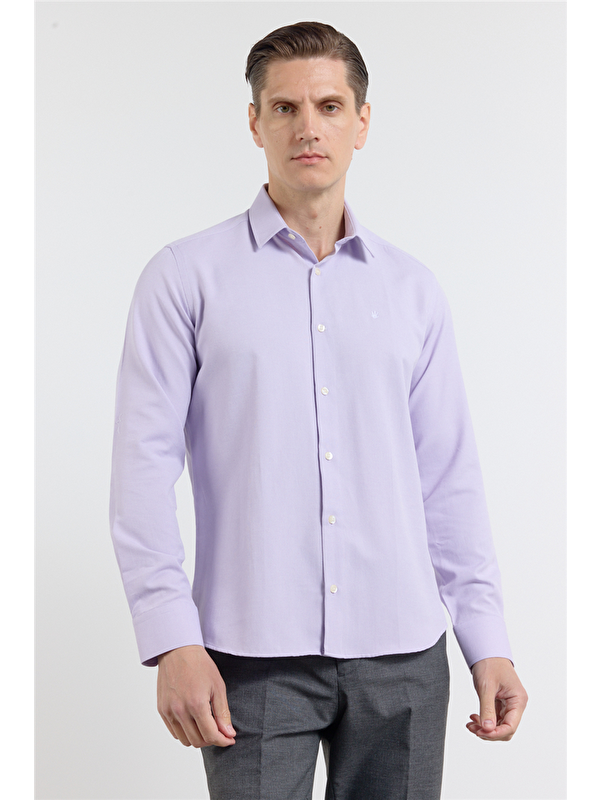 İMZA Lila Sert Yaka Uzun Kol Cepsiz Slim Fit Pamuklu Gömlek 1004255284