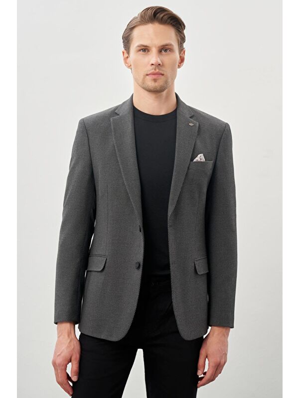 İMZA Koyu Antrasit Gabardin Mono Yaka Tam Astar Esnek 6 Drop Slim Fit Casual Ceket 1002245162