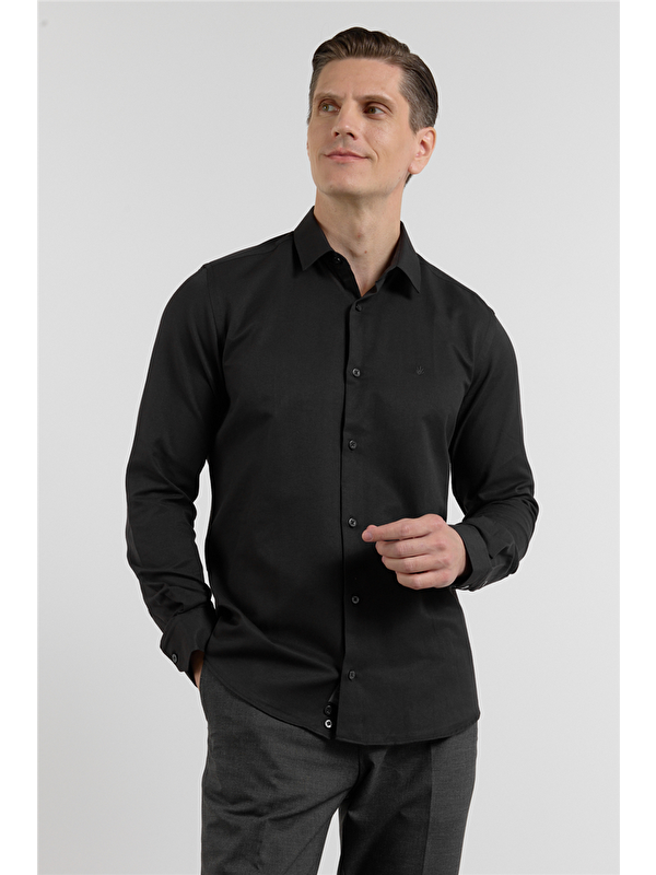 İMZA Siyah Sert Yaka Uzun Kol Cepsiz Slim Fit Pamuklu Gömlek 1004255284