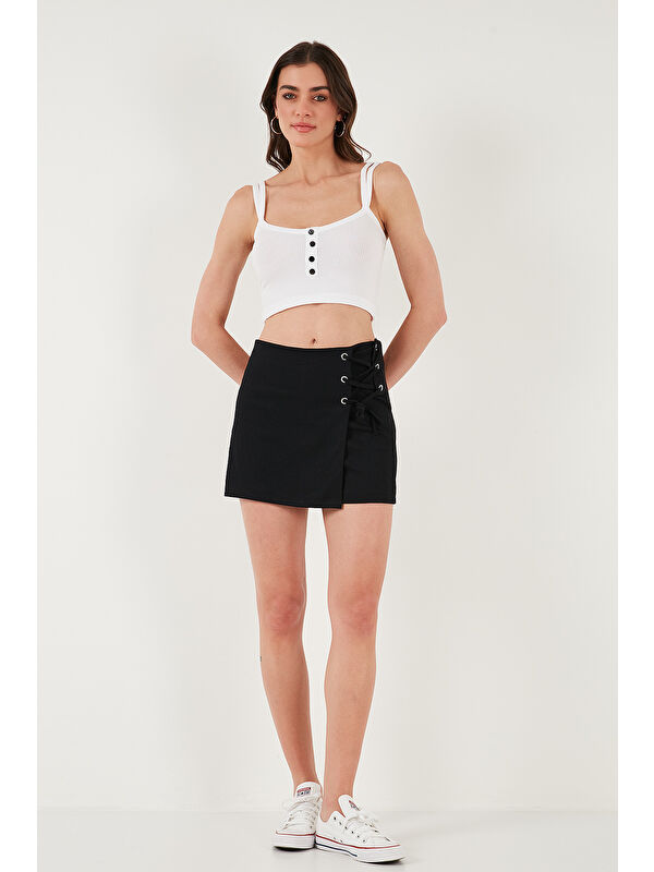Lela Streç Bağlamalı Slim Fit Yüksek Bel Mini Şort Etek 5865745