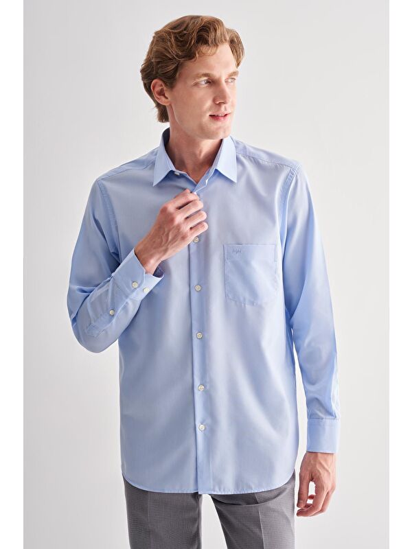 İMZA Mavi Sert Yaka Uzun Kol Easy To Iron Comfort Fit Pamuklu Gömlek 1004255182