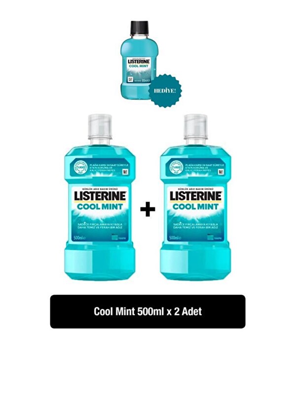 Listerine Cool Mint Ağız Bakım Suyu 500 ml x 2 Adet + Cool Mint Hediye