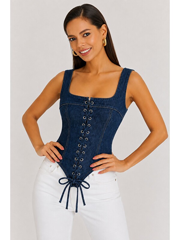 carla10 Retro Denim Bağcıklı Korse – Lacivert