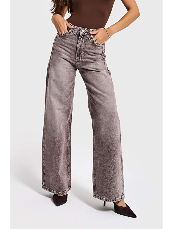 It's Basic Kadın Taş Jean Rengi Olea 4s6-173 Wide Leg Fit %100 Pamuk Denim Jean