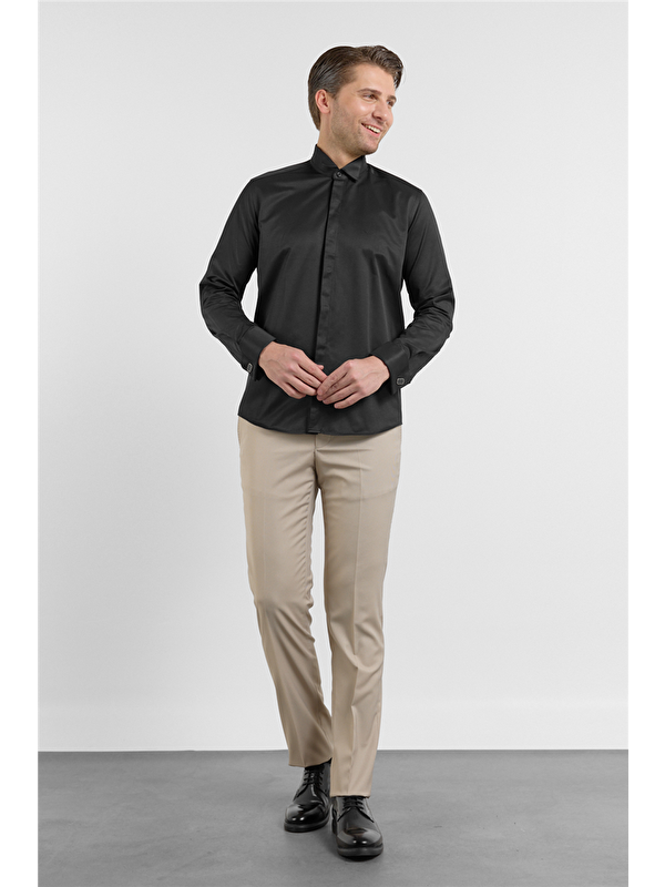 İMZA Siyah Ata Yaka Uzun Kol Cepsiz Slim Fit Pamuklu Gömlek 1004255915