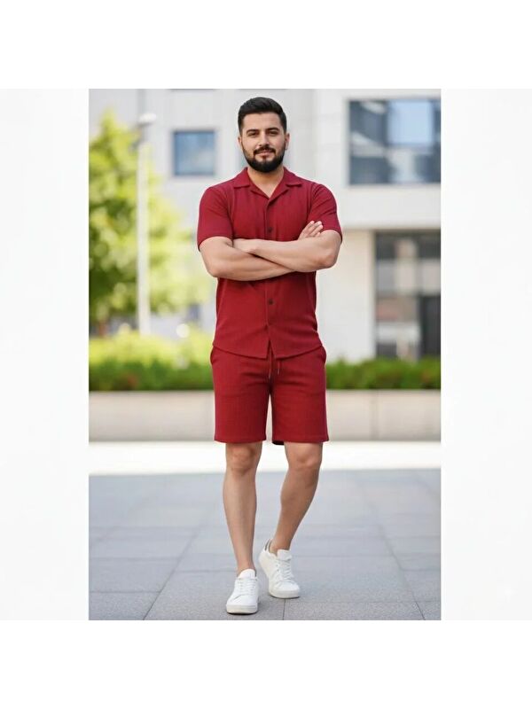 Jane's Erkek Waffle Kumaş Kısa Kollu Gömlek Şort Takım Regular Fit Yazlık İkili Set - Bordo