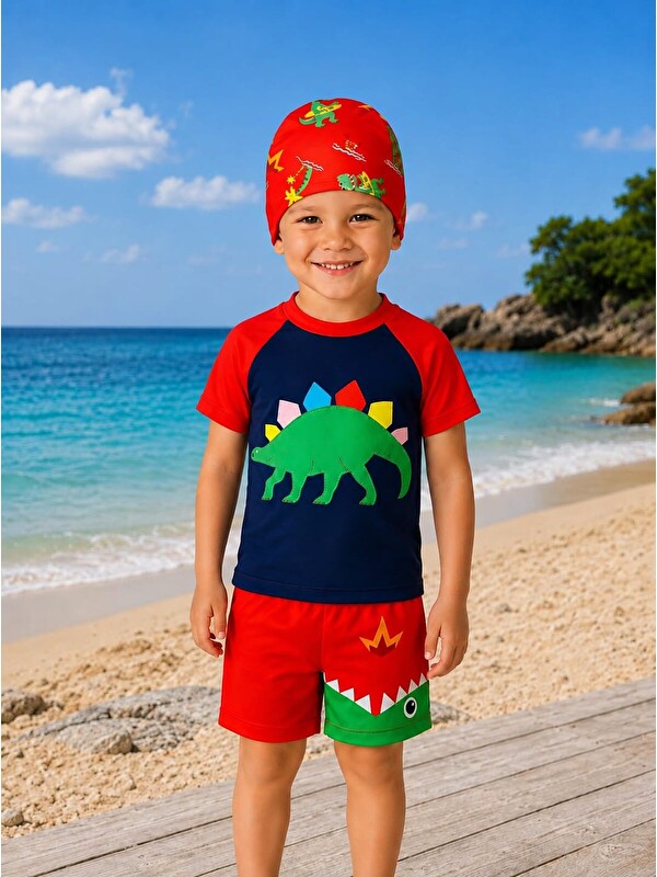 My Kids Wear Erkek Çocuk Dinozor Desenli Deniz Şortu Takımı – 3 Parça Mayo Seti 12757