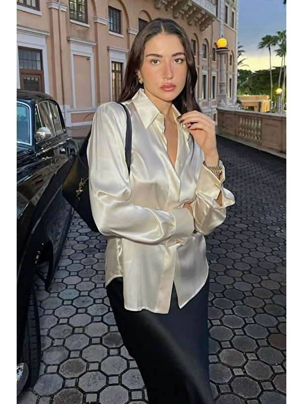 Madmext Bej Gizli Düğmeli Kadın Saten Gömlek Mg2675