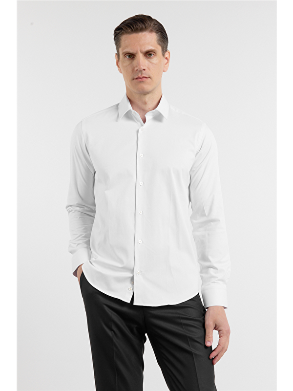 İMZA Beyaz Sert Yaka Uzun Kol Cepsiz Slim Fit Pamuklu Gömlek 1004255228