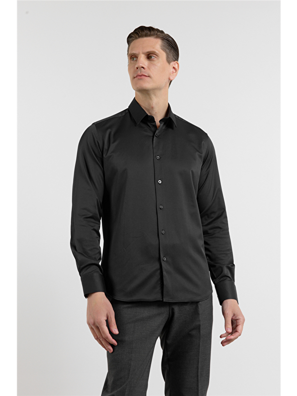İMZA Siyah Sert Yaka Uzun Kol Cepsiz Slim Fit Pamuklu Gömlek 1004255228