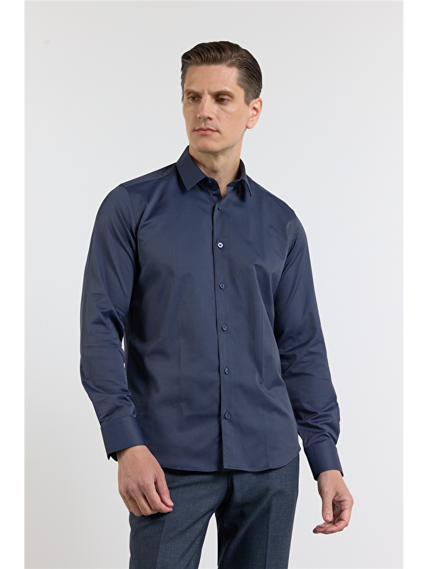 İMZA Koyu Lacivert Sert Yaka Uzun Kol Cepsiz Slim Fit Pamuklu Gömlek 1004255228