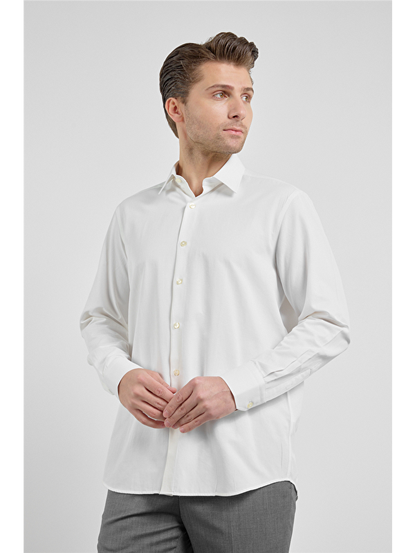 İMZA Krem Sert Yaka Uzun Kol Cepsiz Comfort Fit Pamuklu Gömlek 1004255914