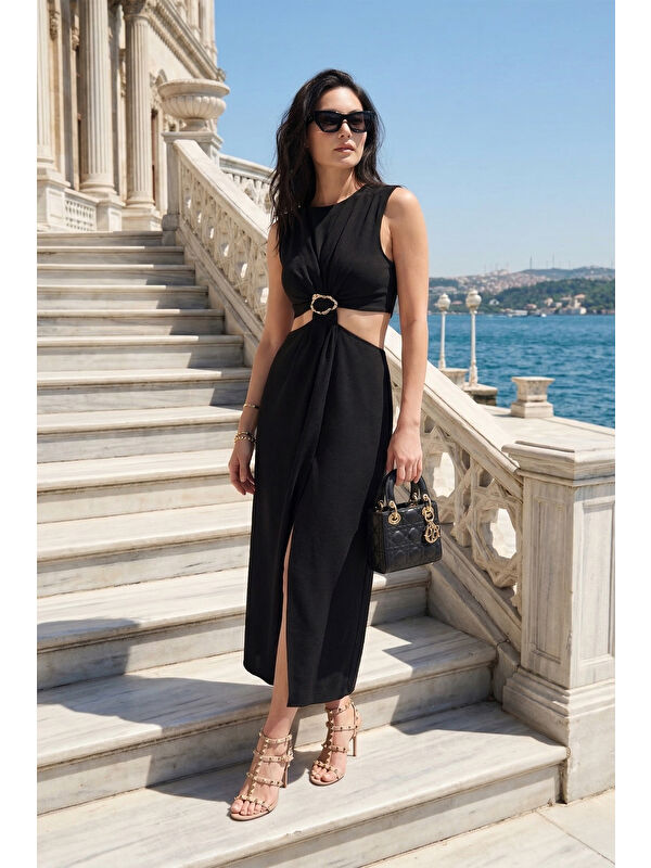 Lela A Kesim Bisiklet Yaka Yırtmaçlı Aksesuar Detaylı Midi Boy Elbise 6525743
