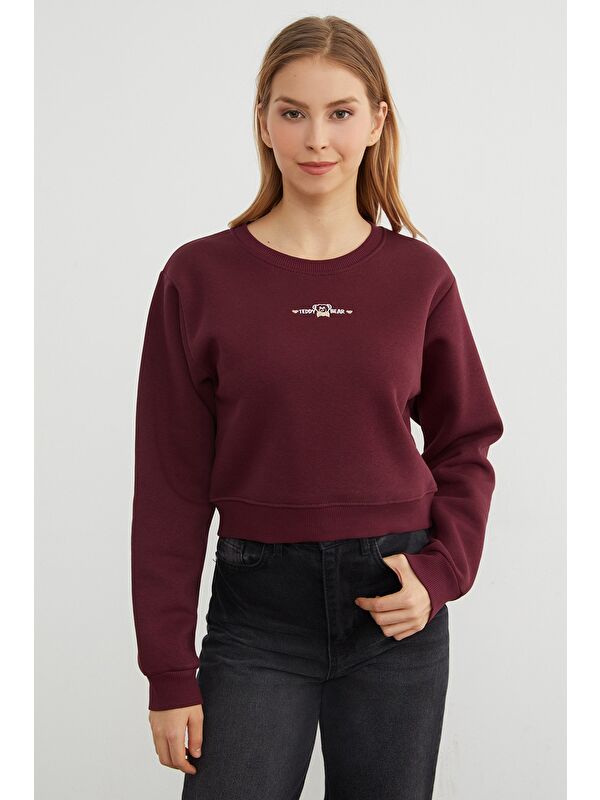 Fullamoda 3 İplik Ayıcık Nakışlı Crop Sweatshirt