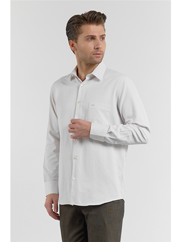 İMZA Koyu Bej Çizgili Desen Sert Yaka Uzun Kol Cepli Comfort Fit Pamuklu Gömlek 1004255268