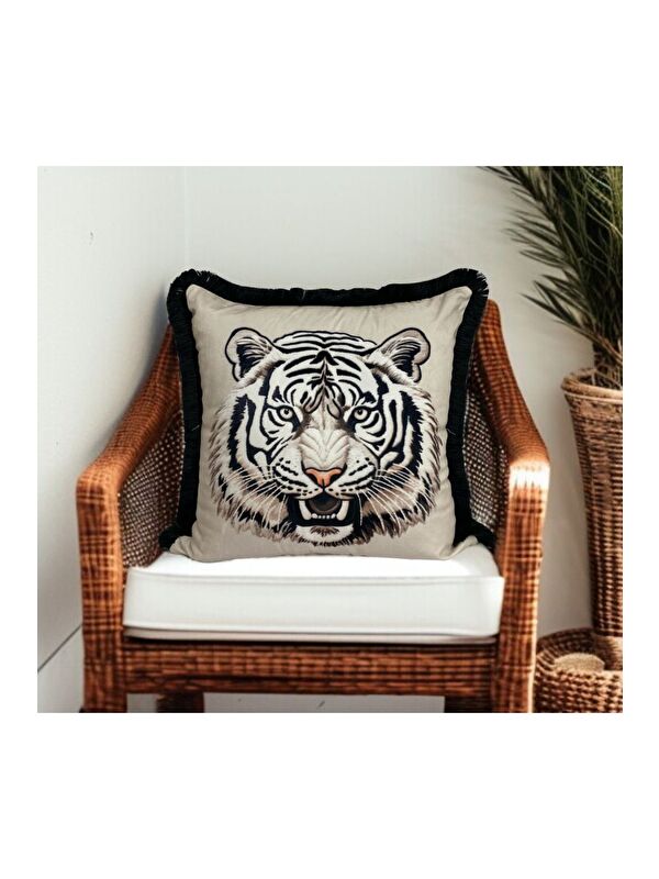 Asdiva Kaplan Desen Digital Baskı Saçaklı Dekoratif Kırlent Kılıfı 45x45