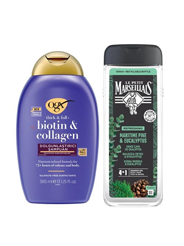 OGX Biotin & Collagen Dolgunlaştırıcı Sülfatsız Şampuan 385 ml + Deniz Çamı & Okaliptüs Duş Jeli 400 ml