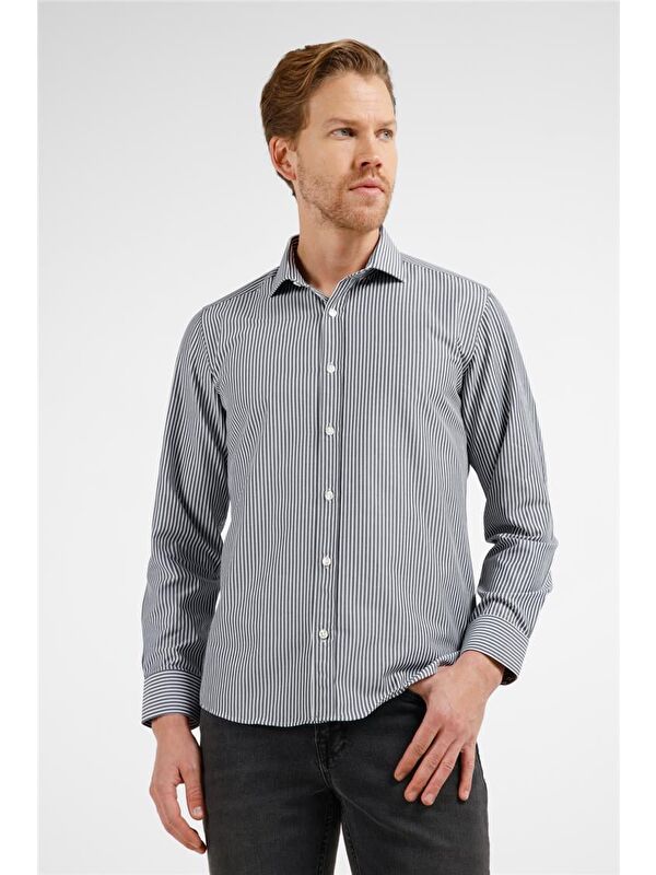 İMZA Siyah - Beyaz Çizgili Desen İtalyan Yaka Uzun Kol Cepsiz Slim Fit Pamuklu Gömlek 1004255217