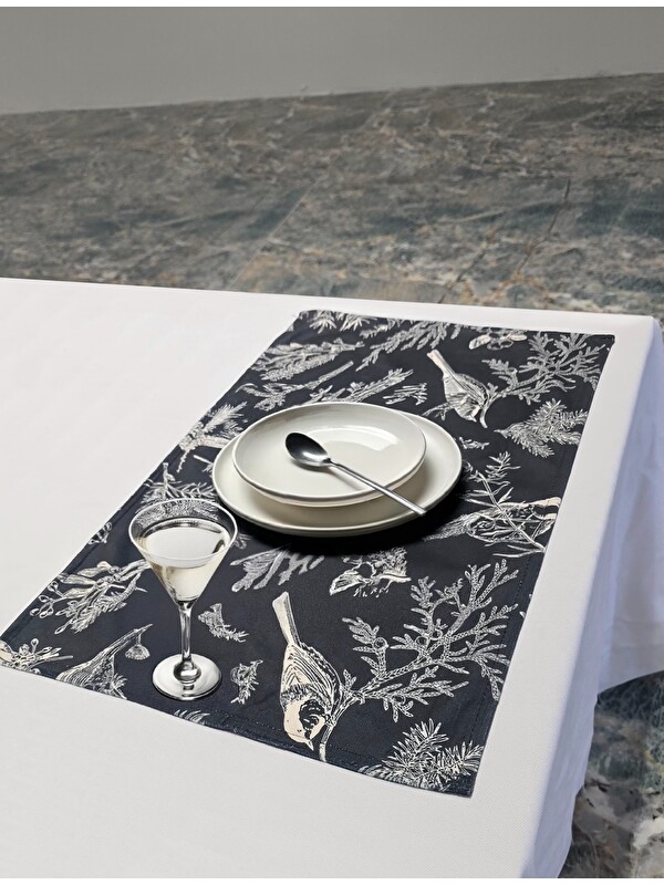 Asdiva Siyah-krem Kuş Desen 4 lü Amerikan servis , Placemat 30x50