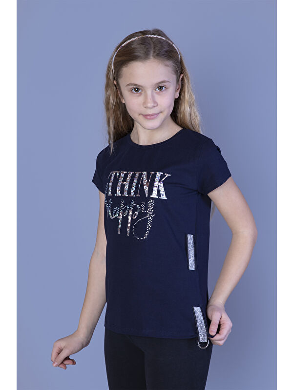 Toontoykids Kız Çocuk Baskılı Taş İşlemeli Yanı Şerit Detaylı Tişört