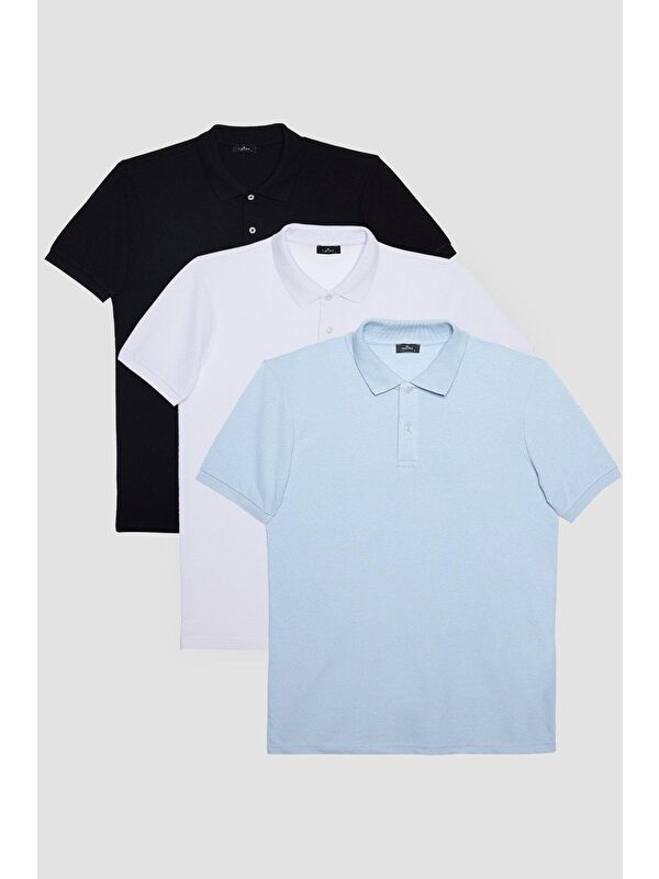 TUDORS Erkek 3'lü Paket Siyah-Mavi-Beyaz Slim Fit Dar Kesim Pamuklu Düz Pike Polo Yaka Tişört