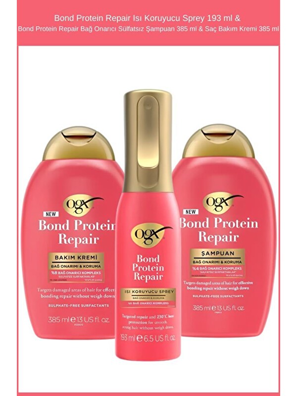 OGX Bond Protein Repair Isı Koruyucu Sprey 193 ml & Bond Protein Repair Bağ Onarıcı Sülfatsız Şampuan 38