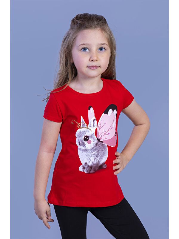 Toontoykids Kız Çocuk Tavşan Baskılı Pul İşlemeli Tişört