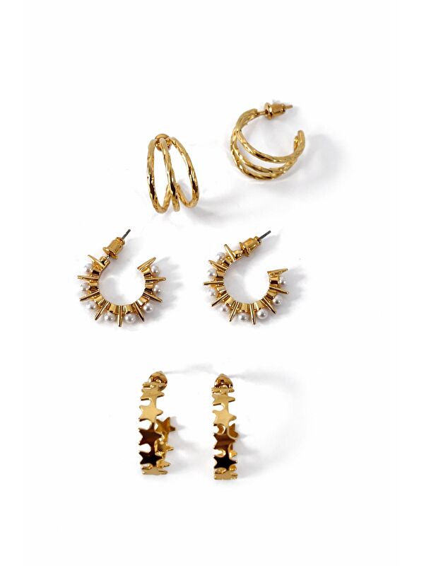 New Obsessions Gold 6'lı İnci ve Yıldız Detaylı Halka Küpe Seti