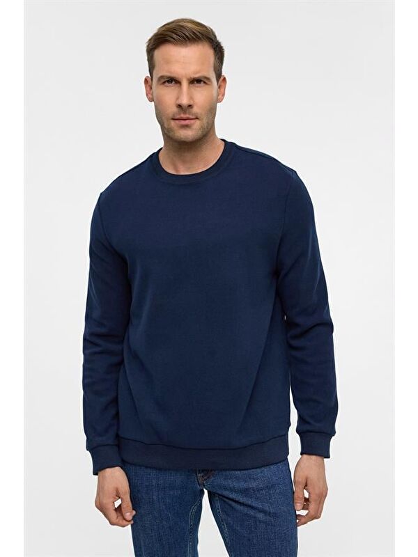 Süvari Lacivert Regular Düz Bisiklet Yaka Sweatshirt