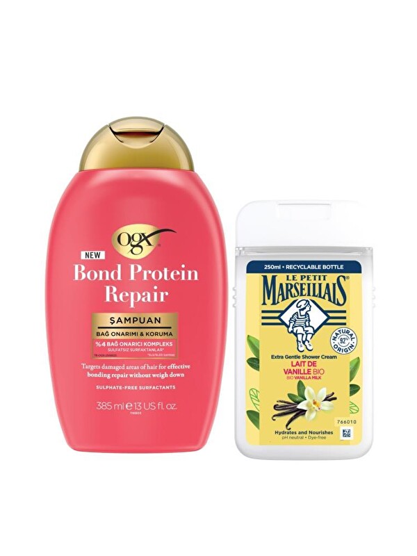 OGX Bond Protein Repair Bağ Onarıcı Sülfatsız Şampuan 385 ml + Vanilya Sütü Duş Jeli 250 ml