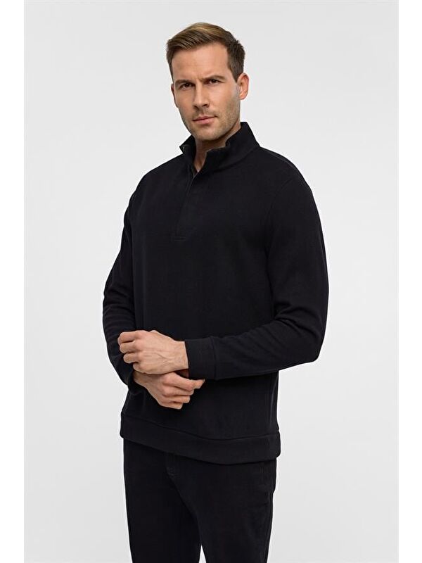 Süvari Siyah Regular Düz Polo Yaka Sweatshirt