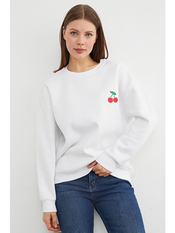 Fullamoda 3 İplik Kiraz Baskılı Oversize Sweatshirt