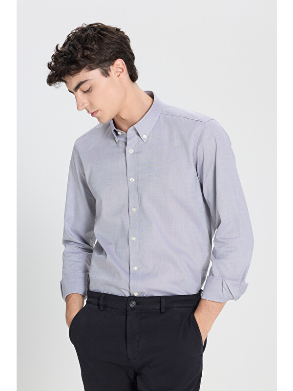 AC&Co / Altınyıldız Classics Erkek Siyah %100 Pvamuk Slim Fit Dar Kesim Düğmeli Yaka Oxford Gömlek